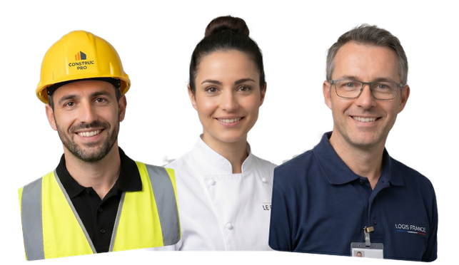 Trois professionnels concernés par la formation SST : ouvrier BTP, soignante, salarié bureau